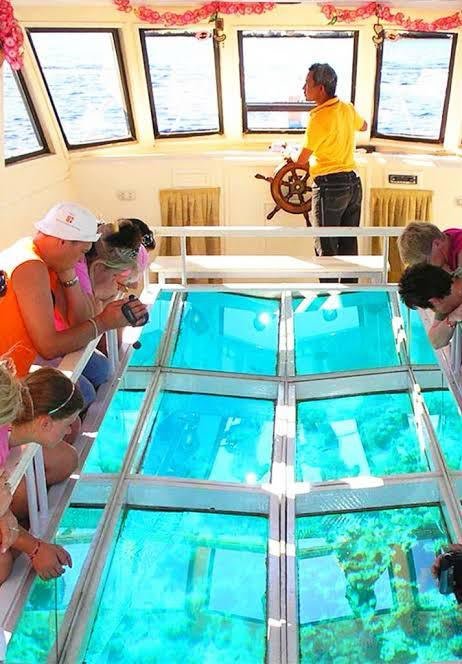 Gäste beobachten Korallenriff durch den Glasboden eines Bootes in Hurghada